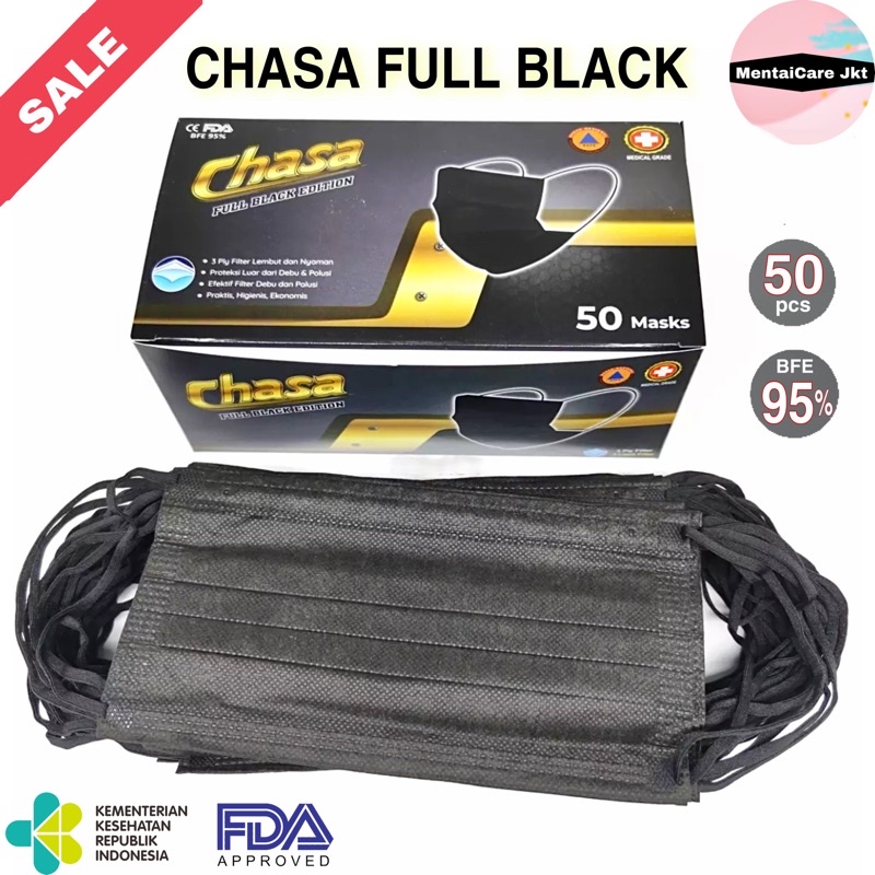 Chasa BLACK EDITION Earloop 3ply disposable mask masker bedah hitam