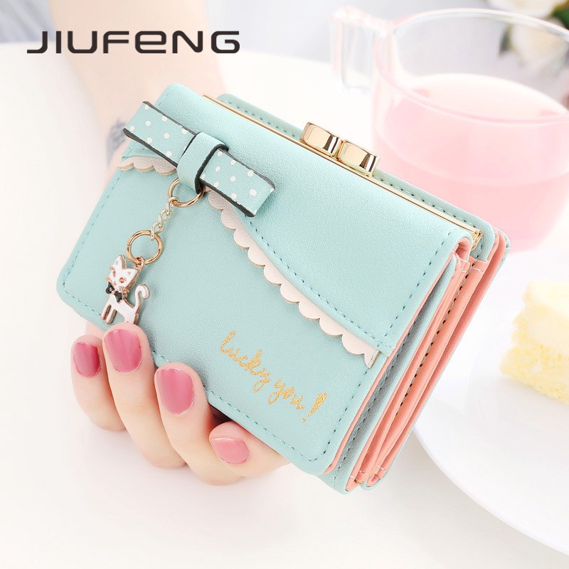 JIUFENG Dompet Wanita Korea Lucu Dompet Pendek untuk Wanita Mini Liontin Mahasiswa Dompet Kecil