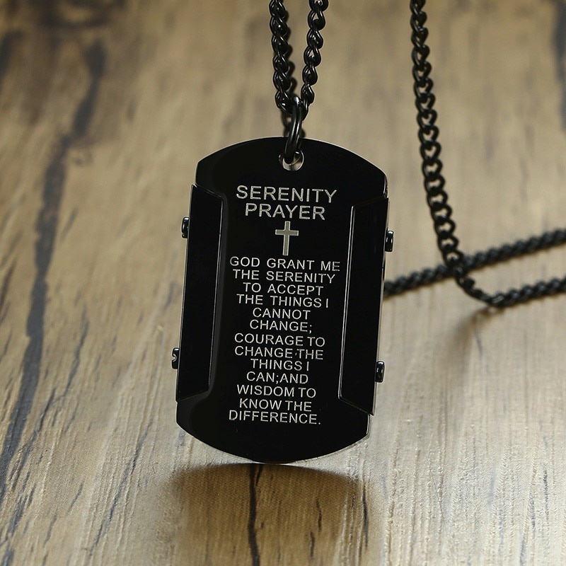 Retro Black Wisdom Serenity Prayer Steel Dog Tag Necklace Pendant for Men Christian Jewelry With