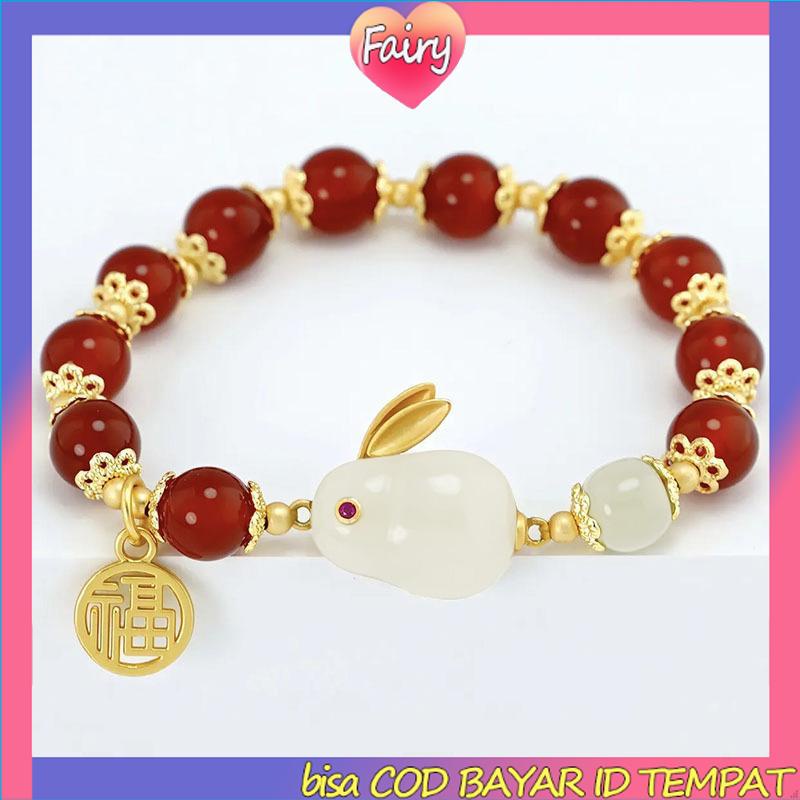 Gelang Giok Furui Desain Kelinci Gaya China retro Serbaguna Untuk Wanita F