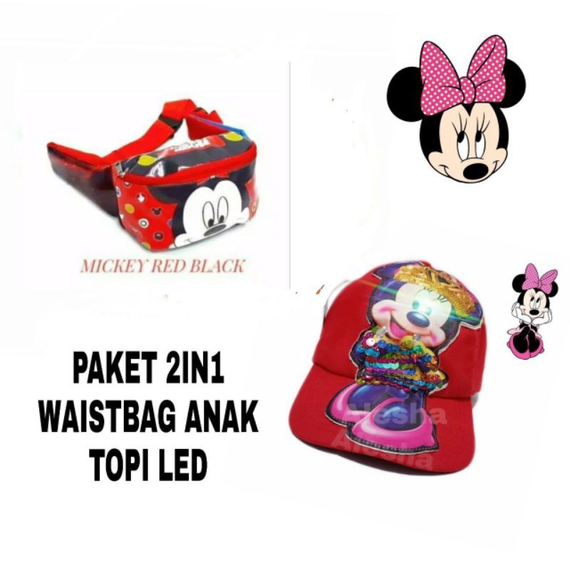 2in1 waistbag anak karakter+topi led mickey mouse