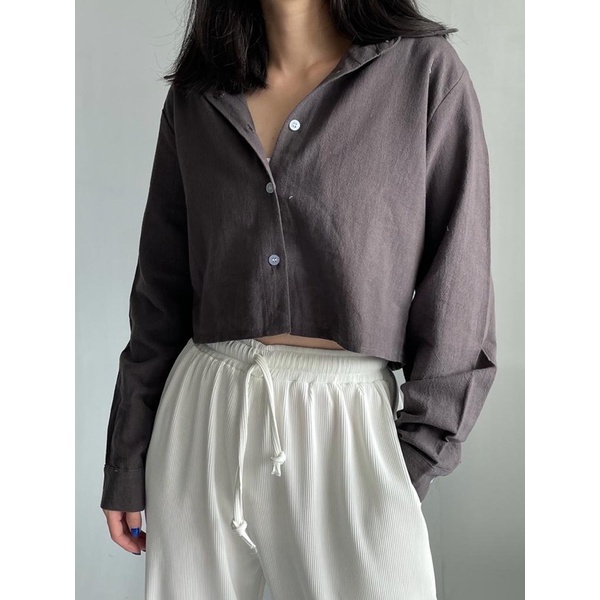 Ceya Top | Kemeja Crop Linen Lengan Panjang | Outer Crop Linen - Atasan Wanita 993-Dark Grey
