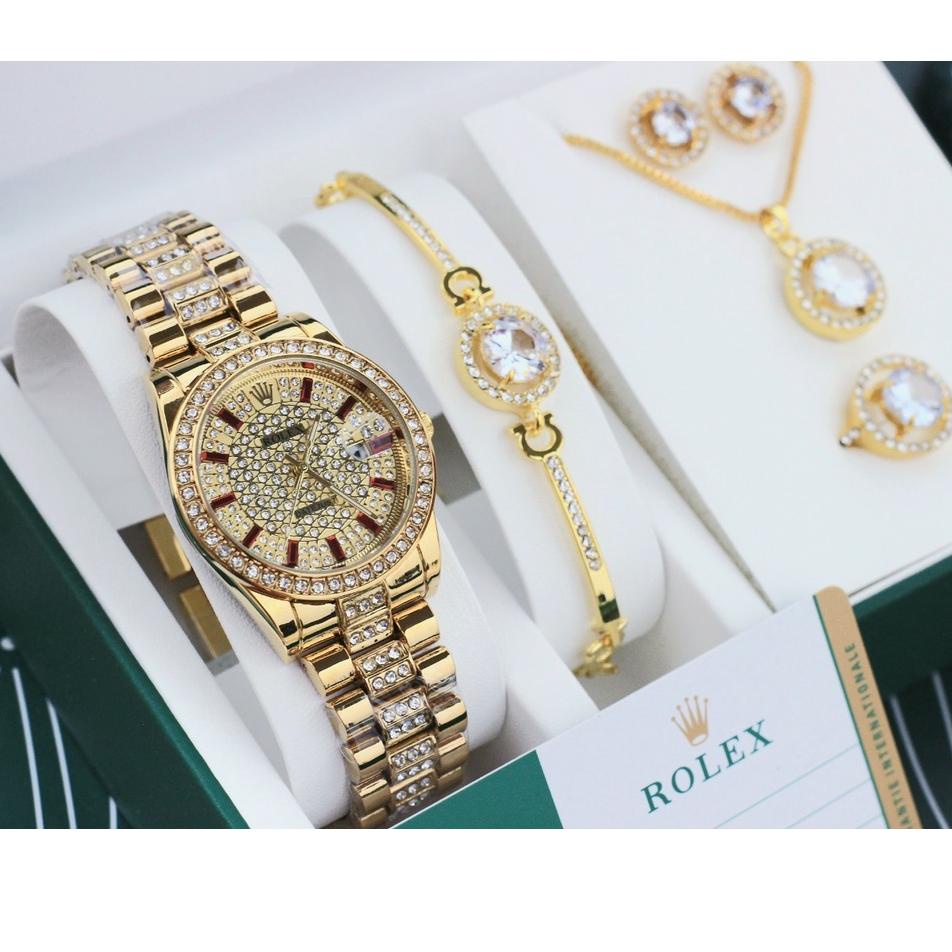 16 PROMO✅ JAM TANGAN RL0X WANITA GIFT SET KALUNG ANTING CINCIN DAN GELANG JAM TANGAN SET ROLEX MATA 