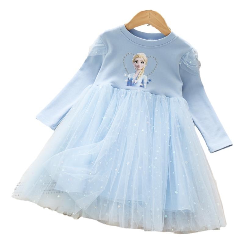 Elsa Princess Dress Frozen Anak Perempuan Musim Gugur dan Musim Dingin Katun Lengan Panjang Star Mesh Dress