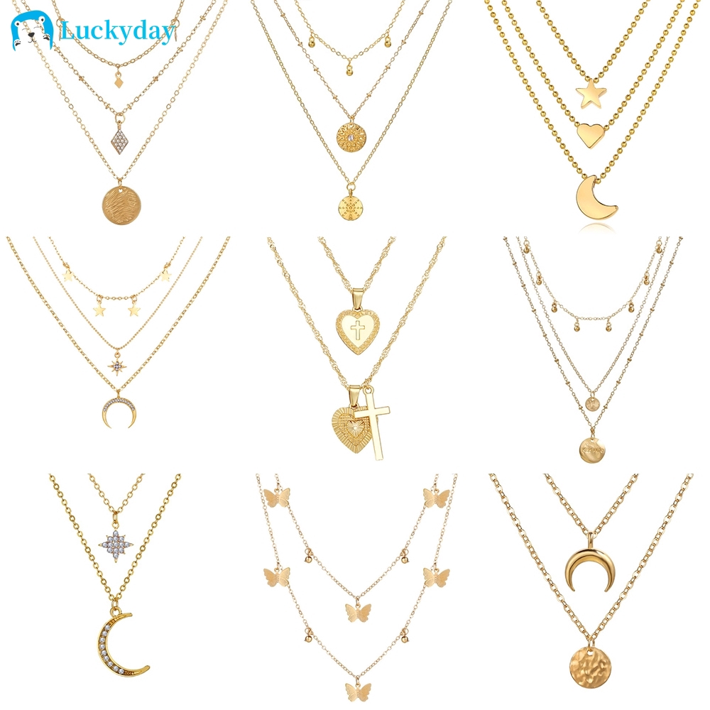 YEEZII Kalung Rantai Choker Multilayer Dengan Liontin Kristal Gaya Korea Untuk Wanita