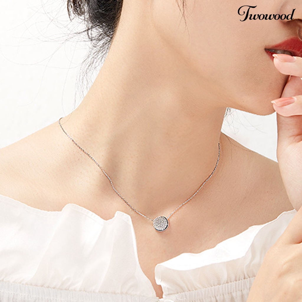 Twowood SILVERHOO 925 Silver Collarbone Chain All-match Shiny Round Cubic Zirconia Pendant Necklace for Party