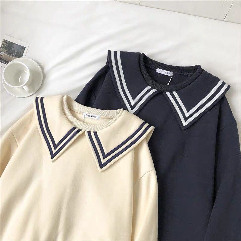 sweater pulma cream kerah jepang// crewneck wanita pria perempuan laki cewe cowo unisex bahan fleece// sweater viral Kawaii lolita