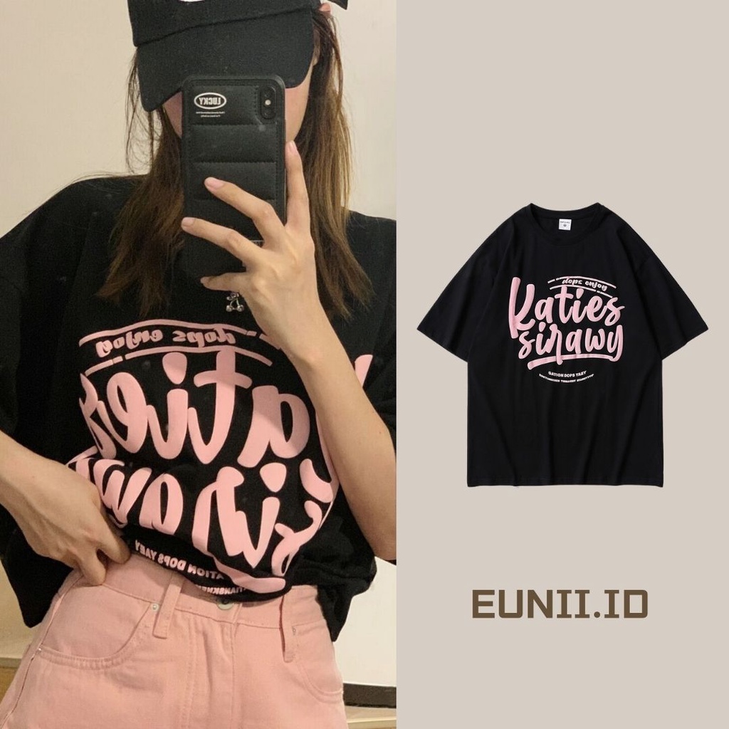 EUNII T-Shirt Lengan Pendek Hitam Longgar Korean Style/Kaos Atasan Wanita/Baju Oversize Wanita