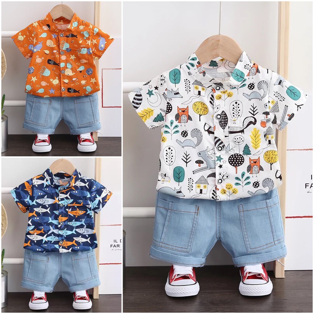 SETELAN KEMEJA  IMPORT  BAJU ANAK  LAKI BEKO ANIMAL BIRD IKAN 