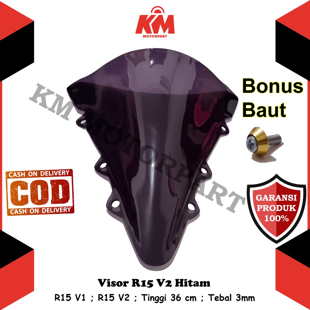 Visor Windshield Yamaha R15 V1 R15 V2 Lama Jenong Tinggi 36 cm Tebal 3 mm Hitam dan Bening Variasi