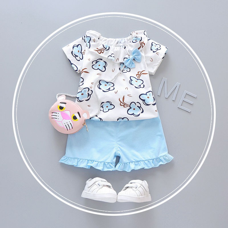 Baju anak cewek setelan perempuan lengan pendek+celana pendek motif bunga import-3