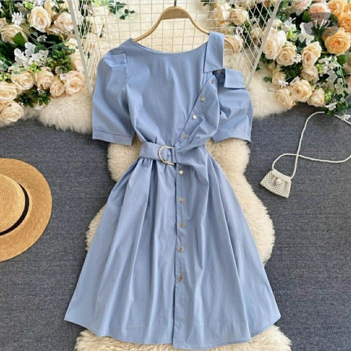 dress wanita korean style gaun anggun terbaru - Biru Muda, all size