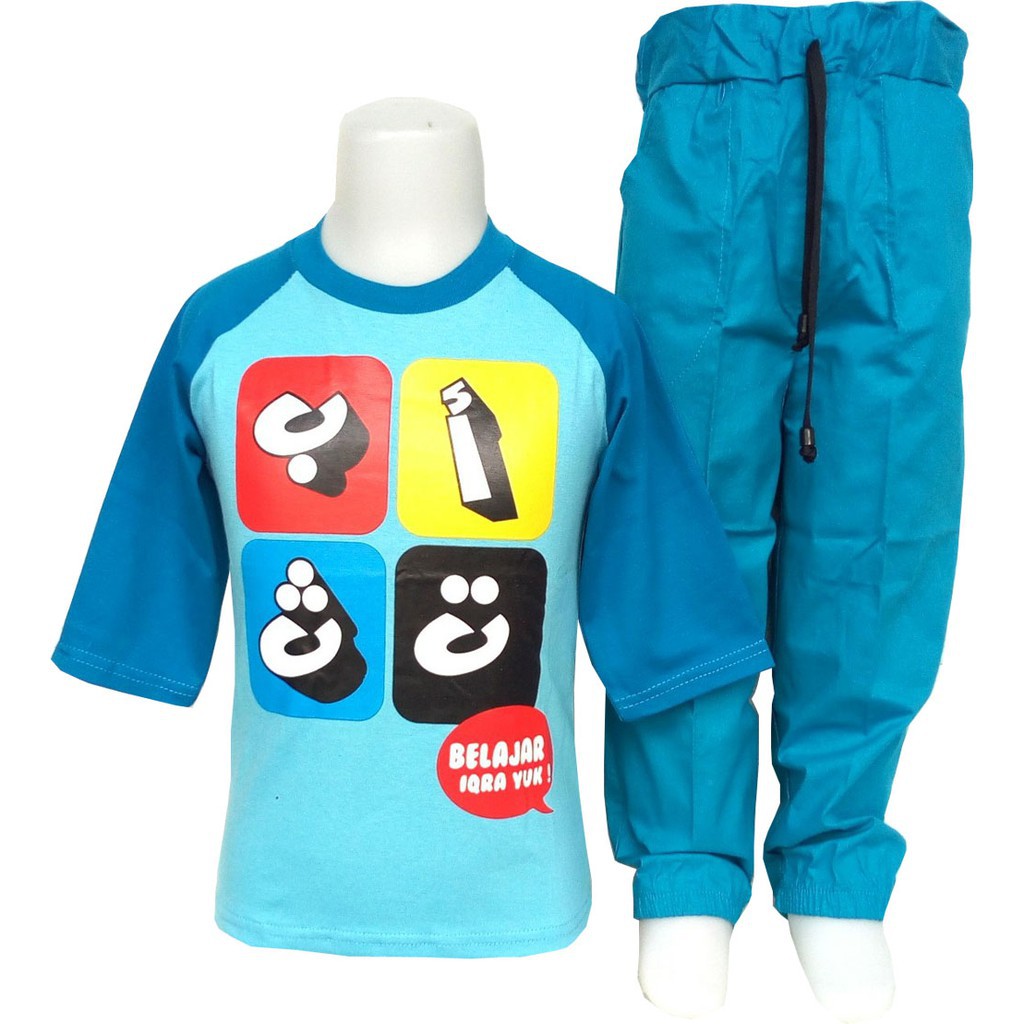 MANTROLL - Setelan Kaos dan Celana Katun Anak motif ABATASA biru polos termurah