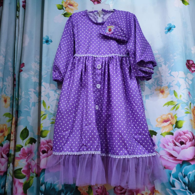 Gamis anak 3 4 tahun polka tutu bonus jilbab rempel lucu polkadot tutul ( gamis polka tutu imut )