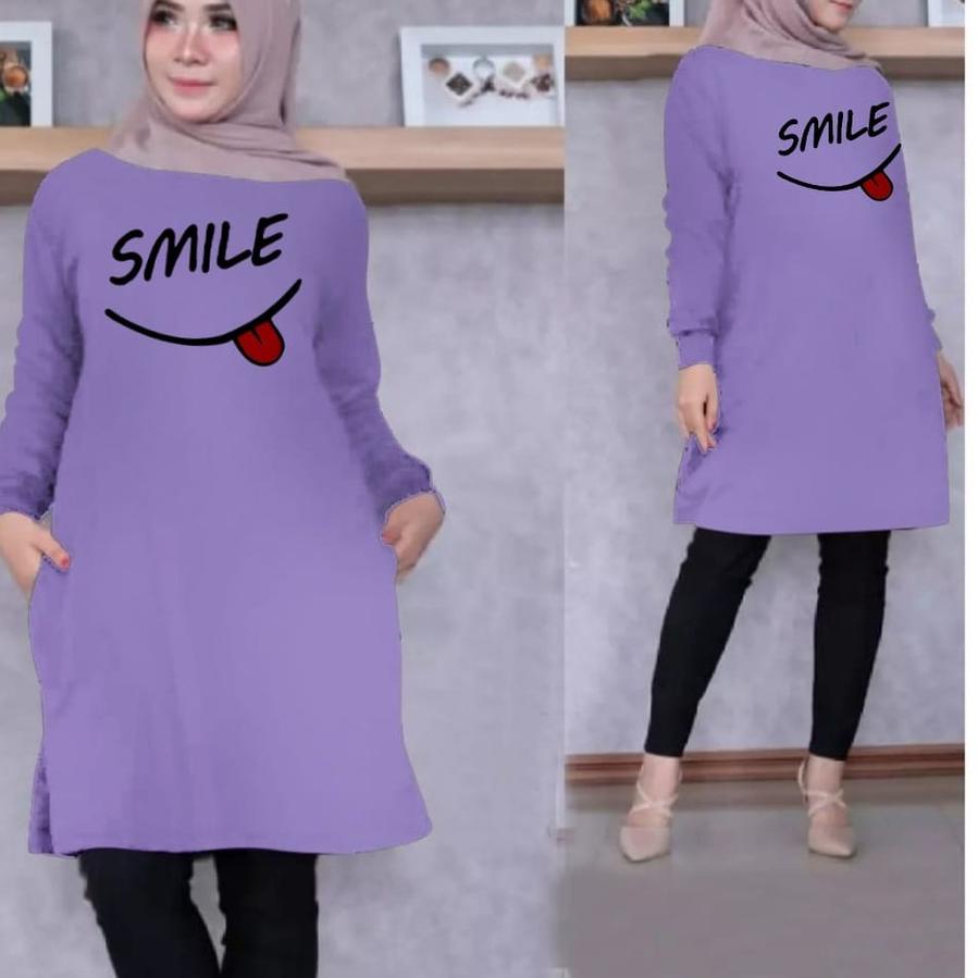 TUNIK WANITA DEWASA/ TUNIK WANITA TERBARU 2021 KEKINIAN /TUNIK KAOS PANJANG ATASAN MOTIF SMILE