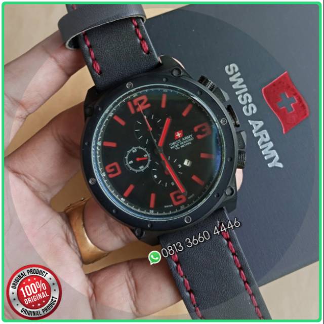 Jam Tangan Swiss Army Hc-8799 Tali Kulit Hitam Dial Merah Original