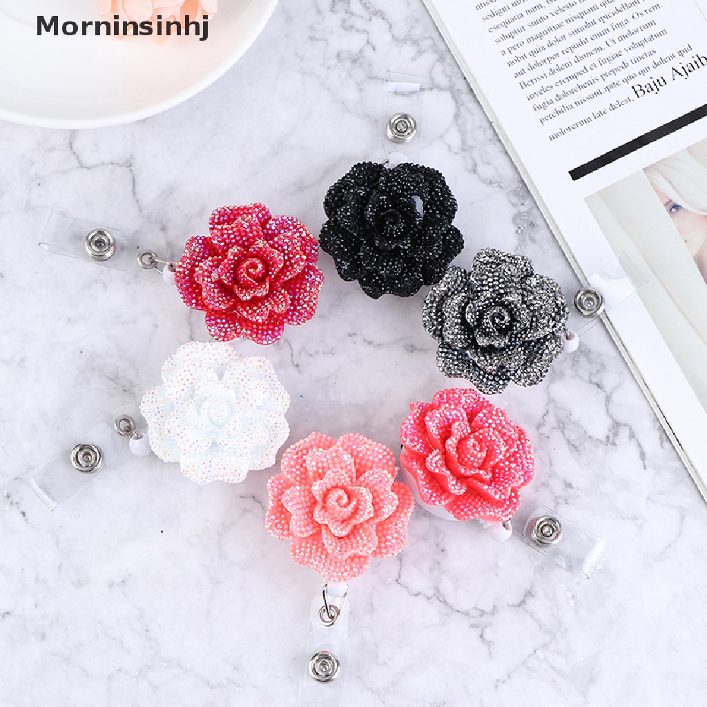 Mornin Klip Holder Kartu Nama / Identitas Retractable Anti Hilang Bentuk Bunga Mawar Bahan Resin