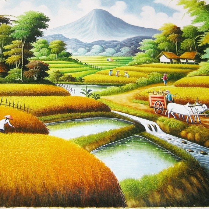 Lukisan Pemandangan Sawah Panen Padi dengan Terasering Indah