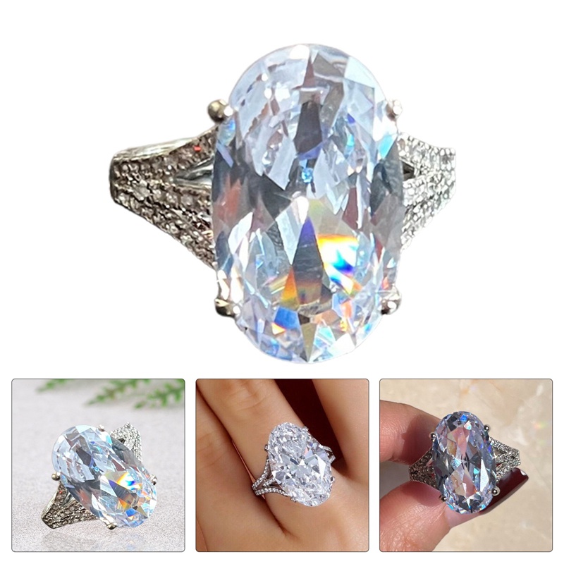 Cincin Kristal Cubic Zirconia Bentuk Oval Warna Silver Untuk Wanita