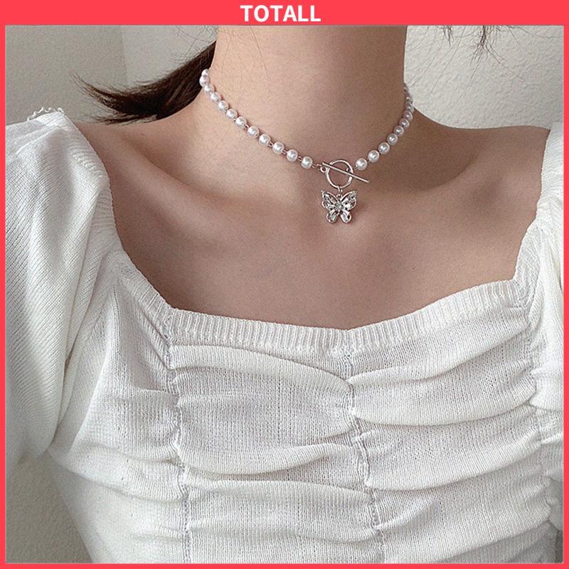 COD Fashion Mutiara Manik-manik Kalung Elegan Kupu-kupu Liontin Klavikula Kalung Aksesoris Wanita-Totall