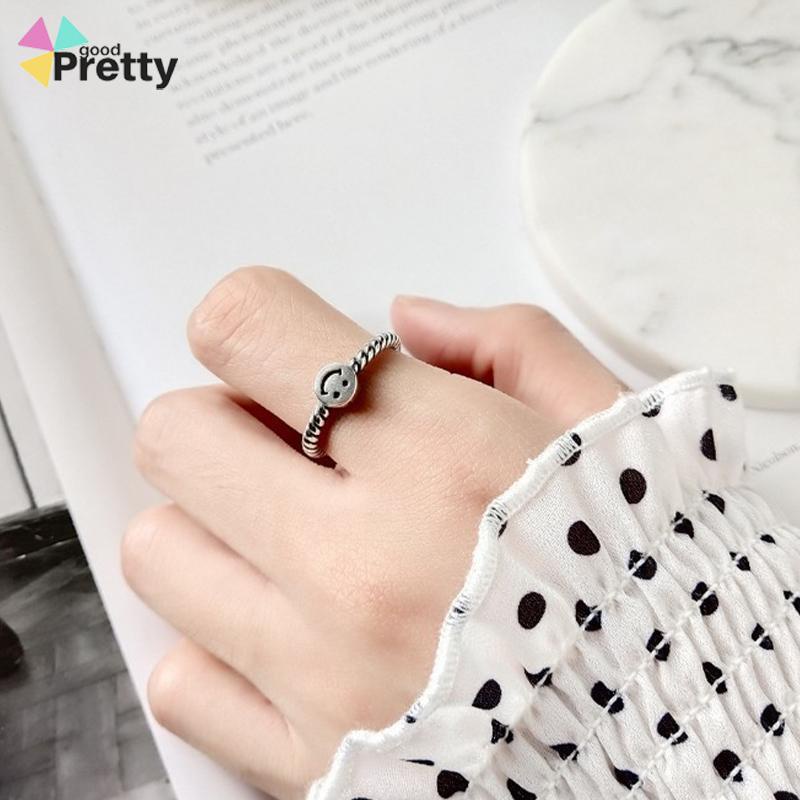 2 PCS Retro Smiley Cincin Wanita Fashion Kepribadian Pembukaan Cincin Dapat Disesuaikan - PD