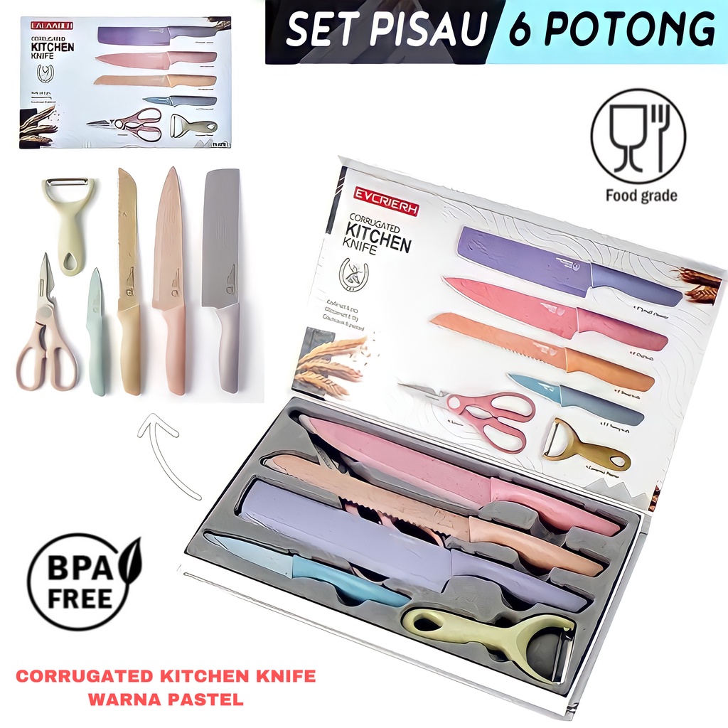 ( BISA COD ) PROMO PISAU DAPUR SET 6 IN 1 WARNA WARNI EVCRIERH DILAPISI ANTI LENGKET / PISAU SET JERAMI WARNA / PISAU SET DAPUR SERBAGUNA / KNIFE SET