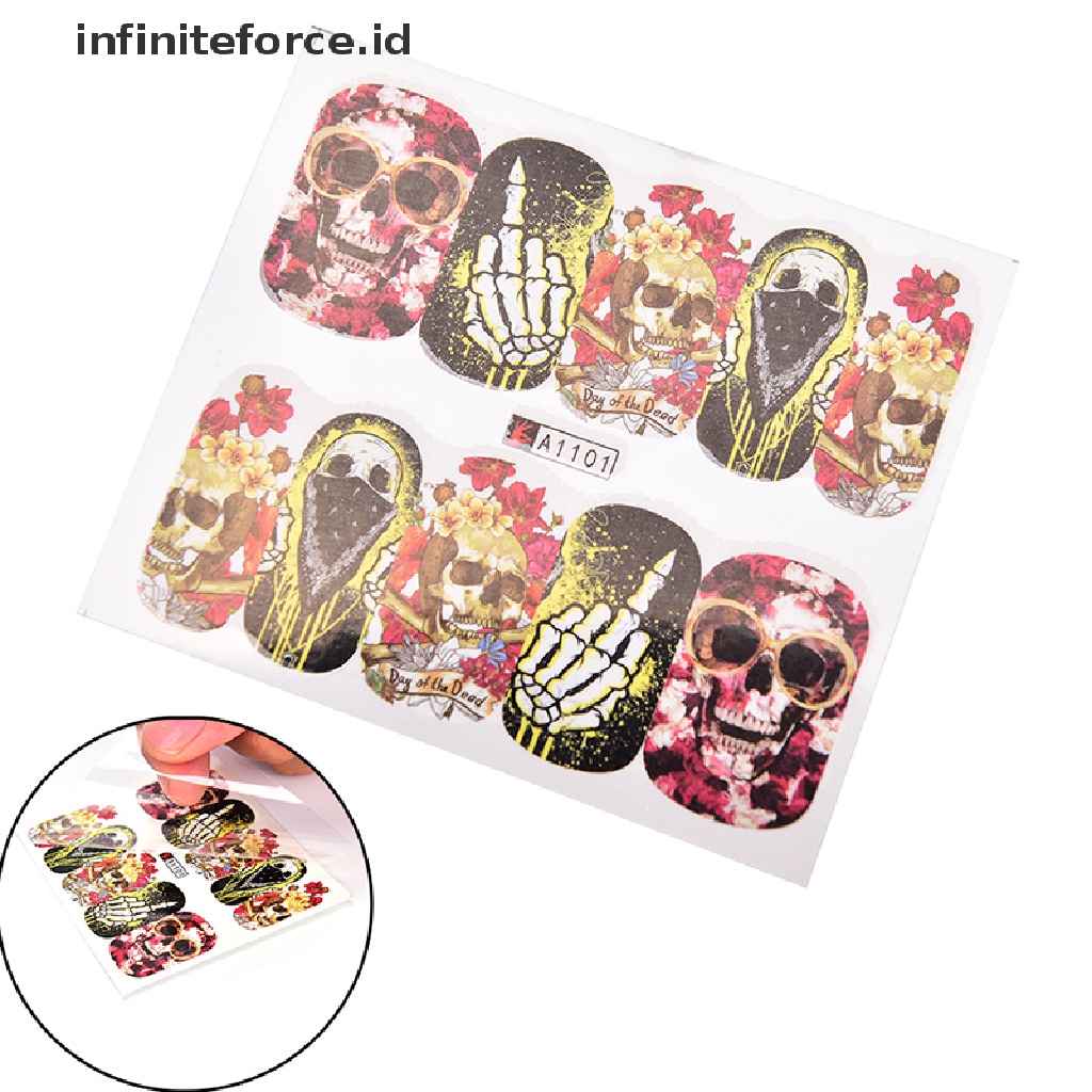 48x Stiker Kuku Desain Tengkorak Halloween Untuk Dekorasi Manicure