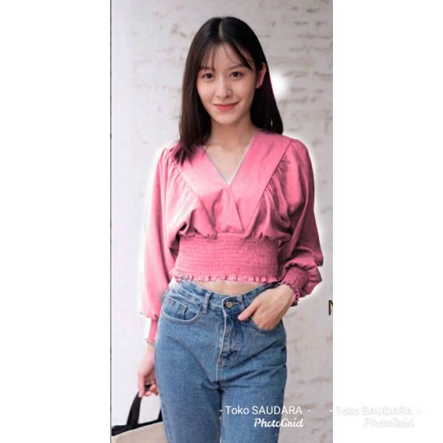 Blouse v neck lengan panjang kerut pinggang