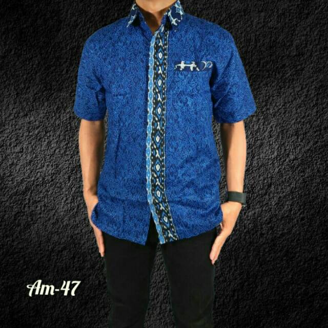 Risna Batik HRB026 kenongo Kemeja Hem pendek padi pekalongan M L XL MURAH KEREN bati pria wajik biru