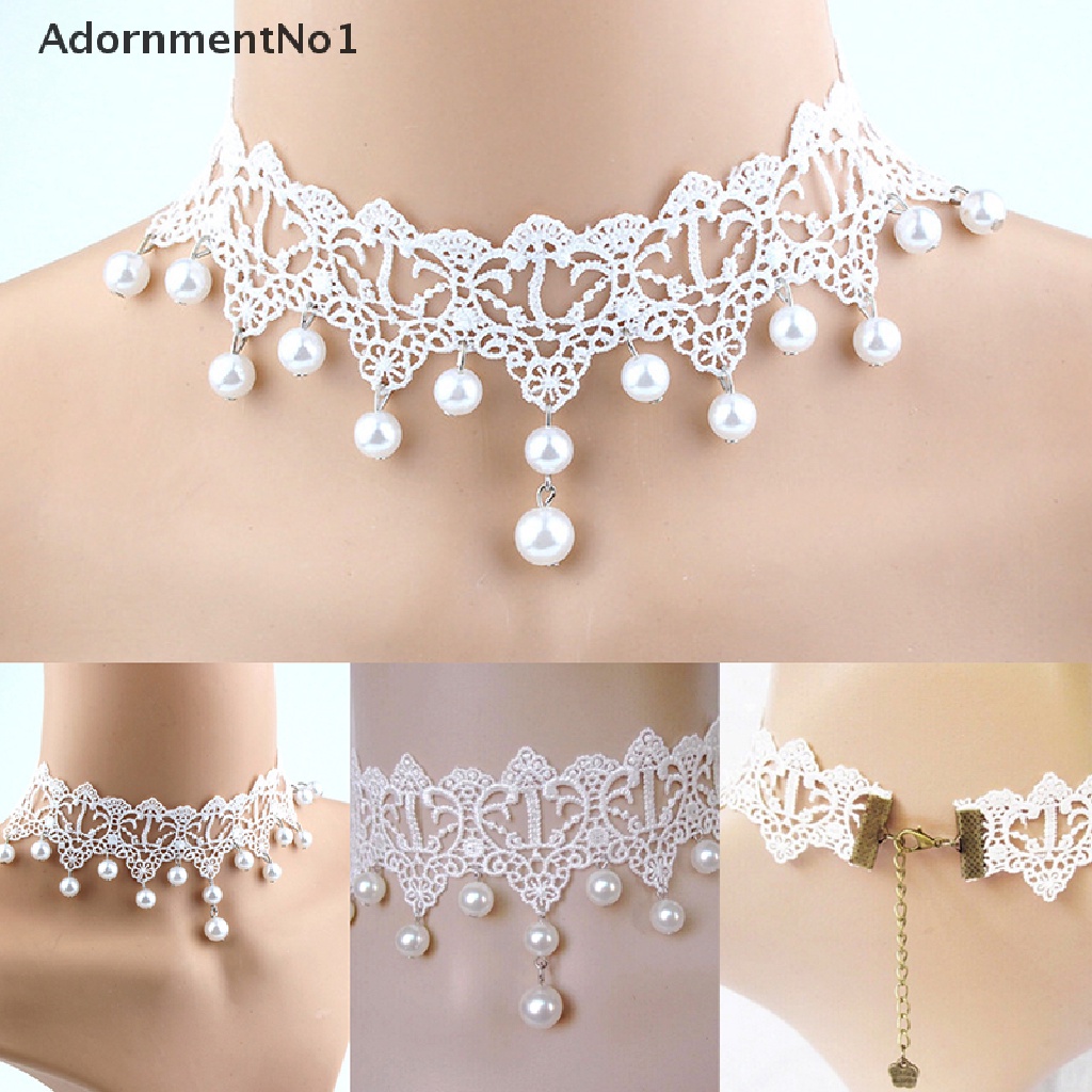 (AdornmentNo1) Kalung Choker Lace Sexy Romantis Aksen Mutiara Untuk Perhiasan Wanita