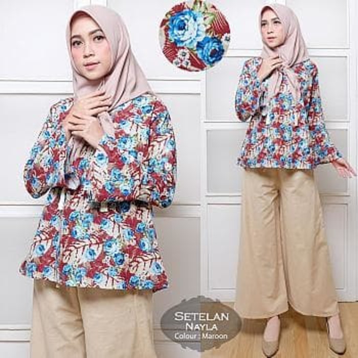 [Set Kulot Linen Nayla Maron TL] setelan muslim wanita linen maron