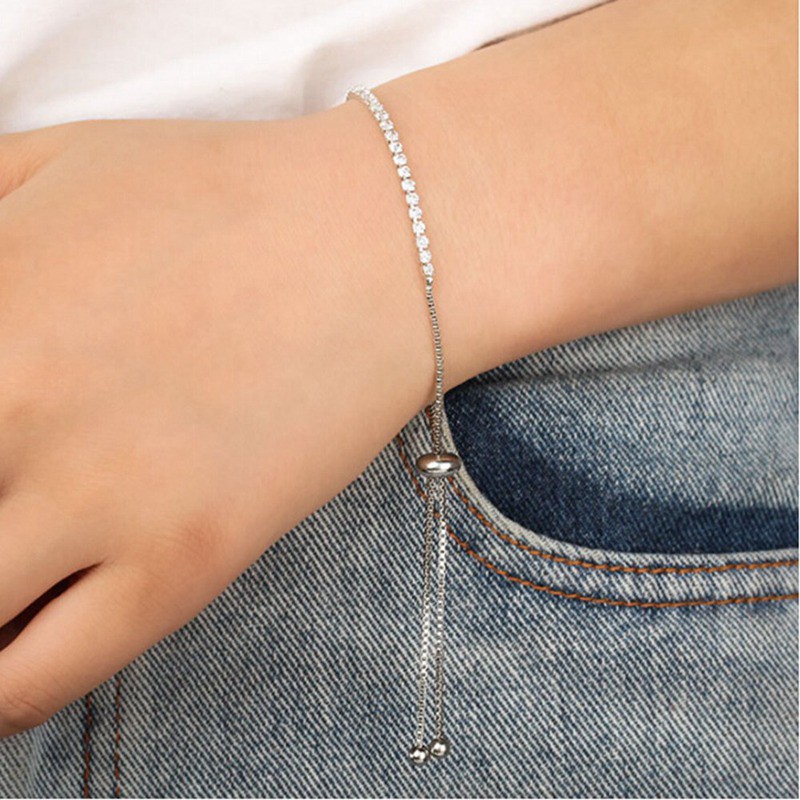 Gelang Tangan Rantai Adjustable Warna Rose Gold / Silver Hias Kristal untuk Wanita