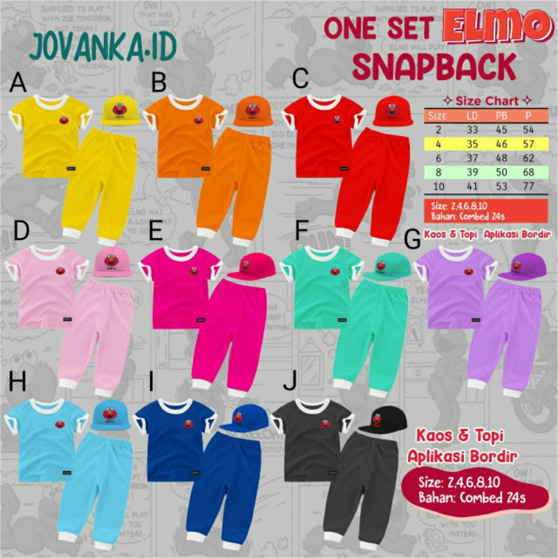 JOVANKA SET ELMO | UNISEX ONE SET ELMO SNAPBACK JOVANKA.ID SETELAN CELANA ANAK JOVANKA FREE TOPI