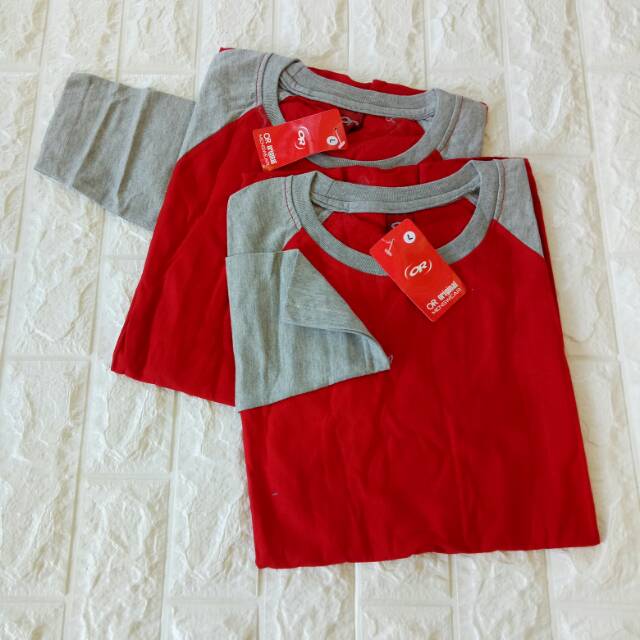 Kaos polos reglan MERAH-ABUMISTY lengan panjang dewasa uk M L XL XXL pria dan wanita