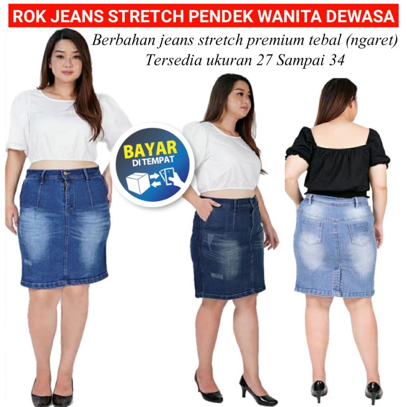 Rok Span Pendek Wanita Bahan Jeans Stretch Ngaret Pinggang Kancing Rok Sepan Mini Pendek Selutut Cew