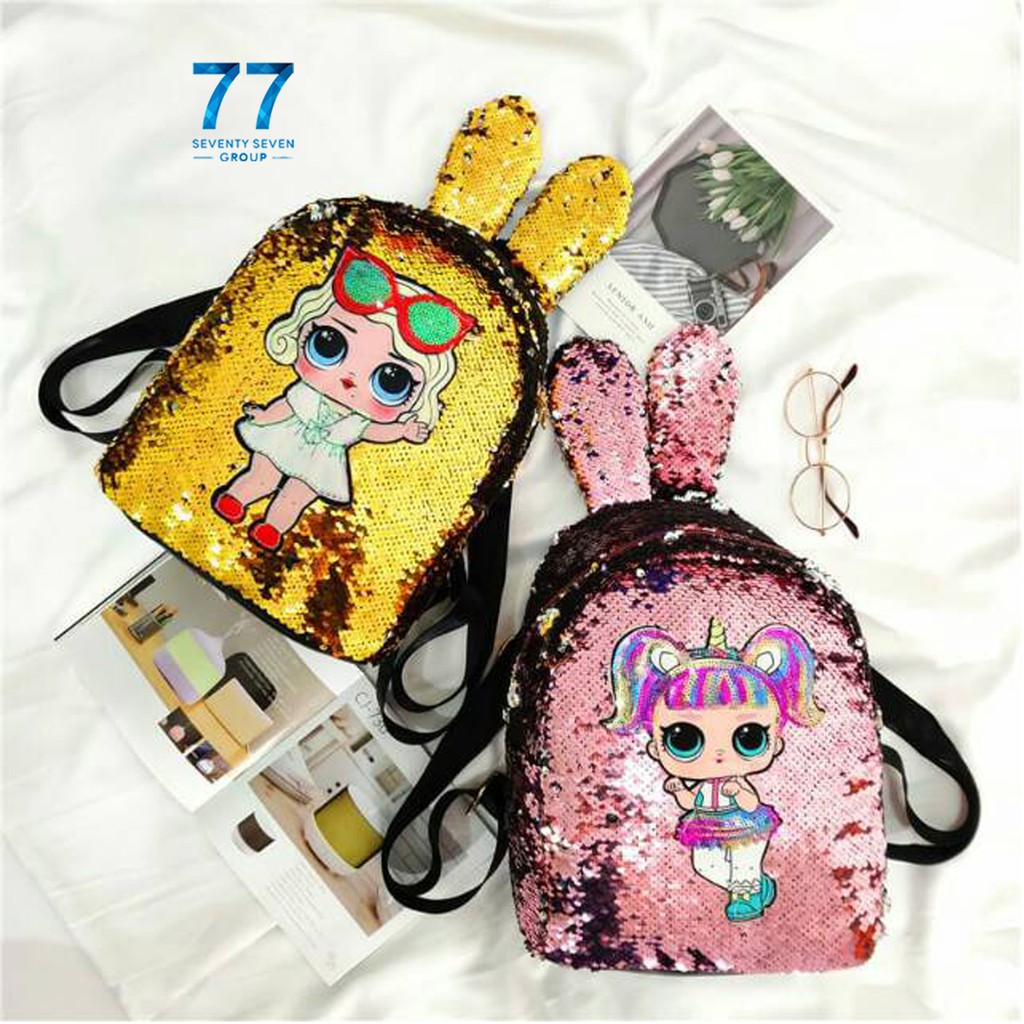 RANSEL SEQUIN TAS  LOL  USAP GLITTER  TELINGA KELINCI LED 