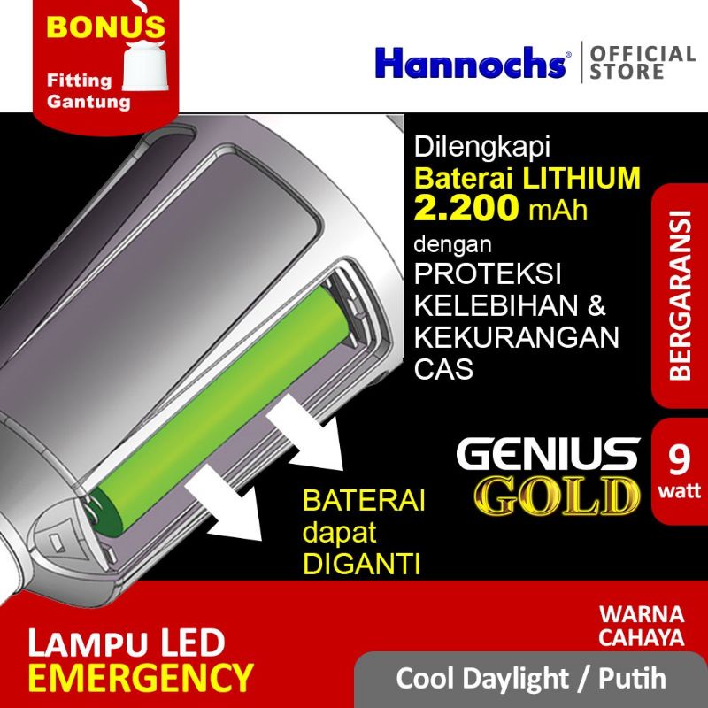 Lampu Led Hannochs 9w Genius Gold Emergency LED Ac Dc yu