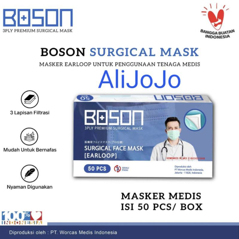 BOSON Surcigal Mask Earloop 3Ply 1 Karton Masker Medis Isi 50 Lembar