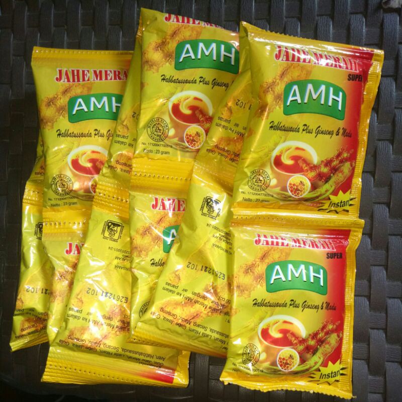 

Jahe Merah AMH Kuning Super Minuman Serbuk Instant Habbatussauda Plus Ginseng & Madu 23 gram isi 10