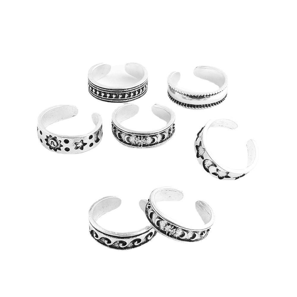 Preva 7pcs/Set Cincin Kaki Set Perhiasan Perak Bulan Gelombang Matahari Bohemia