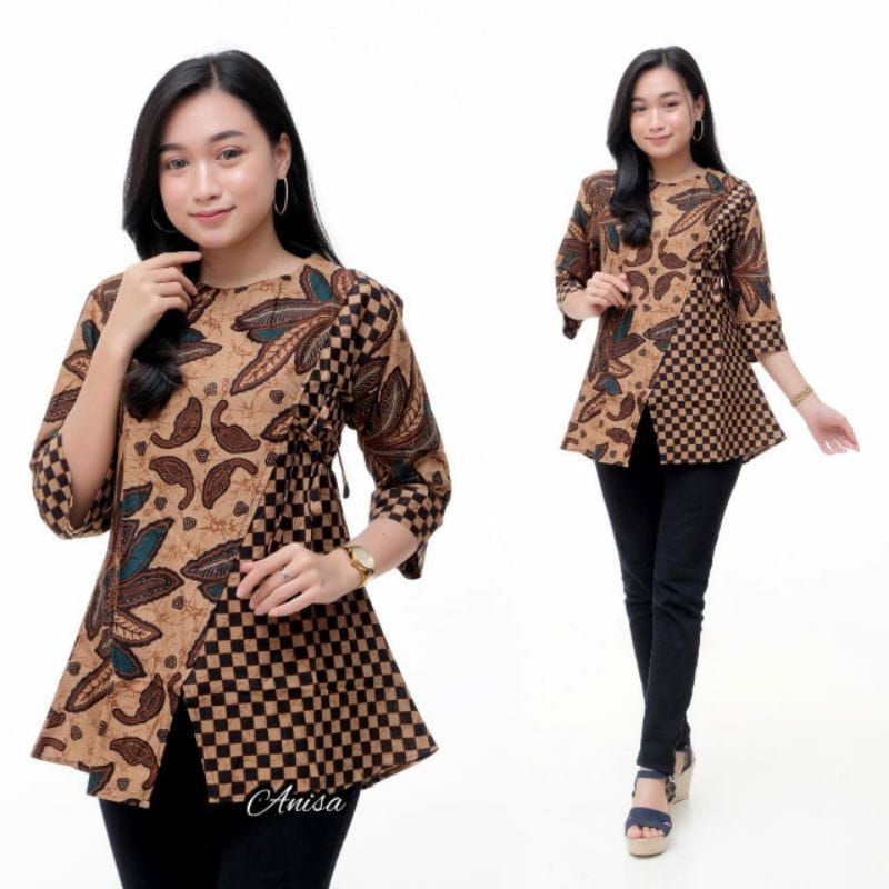 tey-17 Batik wanita ASJ SA HRB026 Kenongo Kemeja Tosca Pendek-Daun