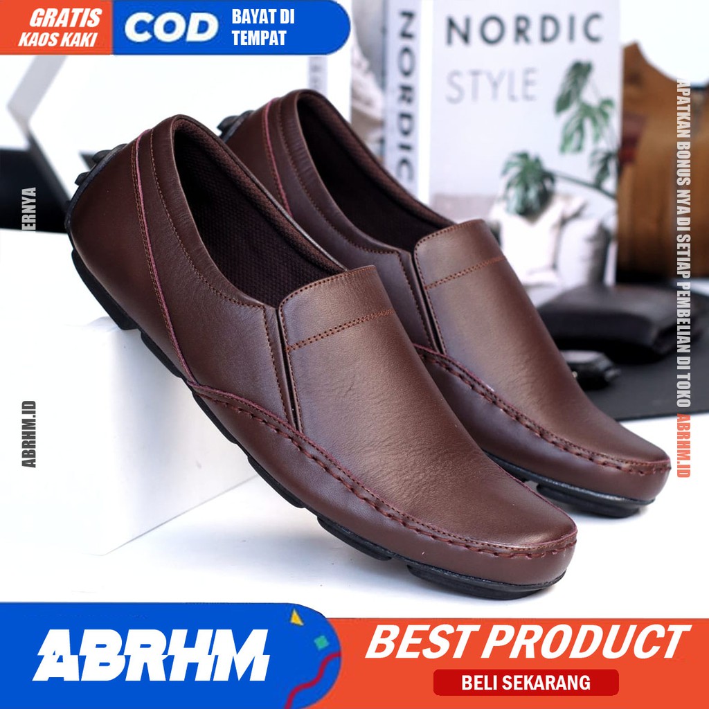 ABRHM X NIBA Sepatu Slip On Pria Kulit Asli Sepatu Pria Pantofel Kerja Sepatu Kasual Cowok / Cowo Santai Kekinian Original