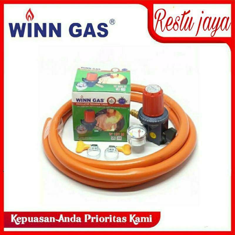 Regulator gas tekanan tinggi win gas w181 meter+selang orange 2 meter+2 kleam