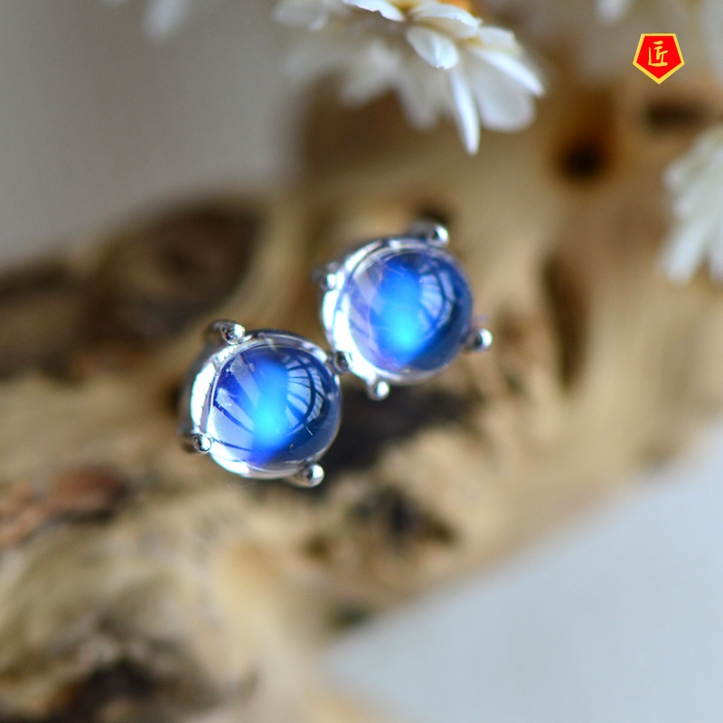 [Ready Stock]Blue Moonstone Stud Earrings S925 Silver Simple Temperament