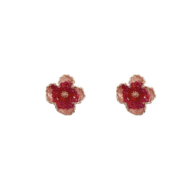 Anting Stud Silver Needle S925 Bentuk Bunga Camellia Warna Merah Untuk Wanita