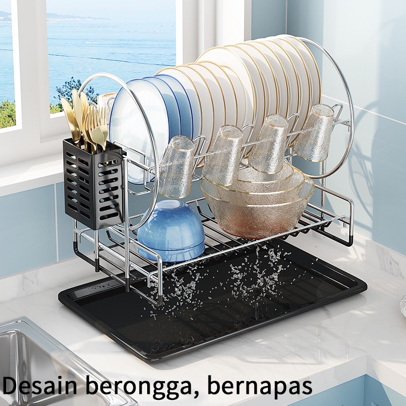 Rak Pengering Piring Stainless Rak Pengeringan Dapur Meja Dish Drainer Rack Cup Holder