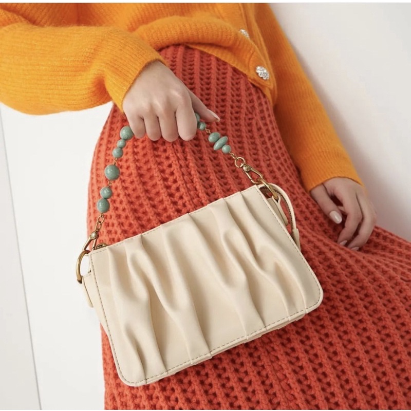 C Ruched Beaded Handle Shoulder Bag