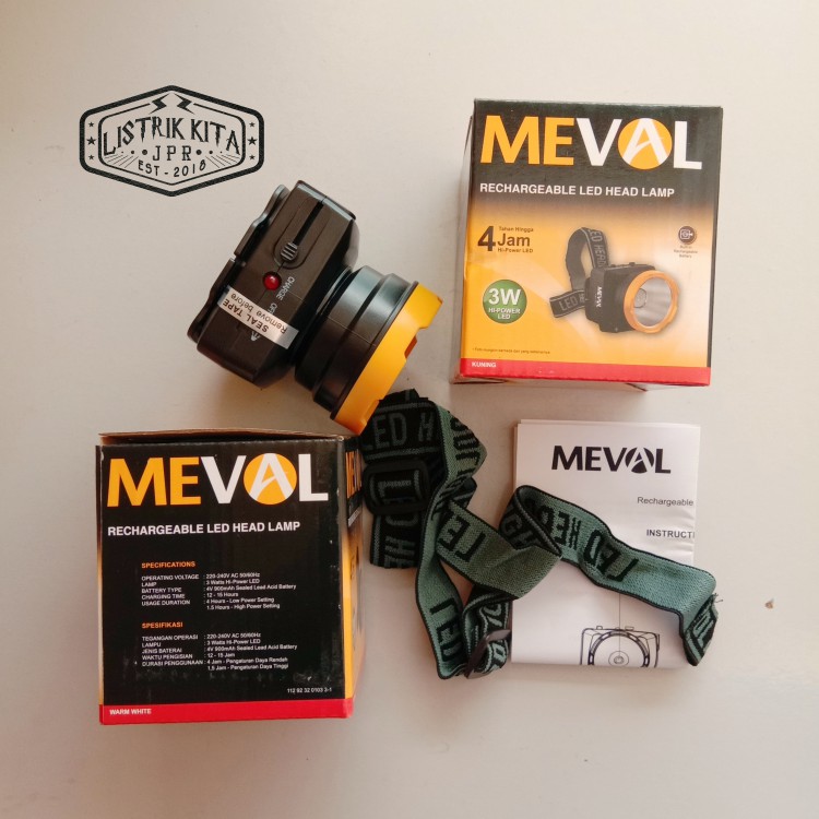 Senter Kepala Cahaya Kuning dan Putih 3 Watt merk MEVAL