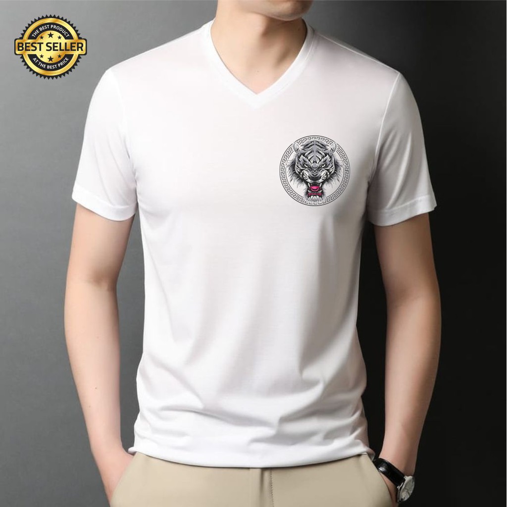 KAOS LEHER V-NECK DISTRO GAMBAR LOGO MACAN SIMPLE BAJU DEWASA T-SHIRT SIMPEL BASIC