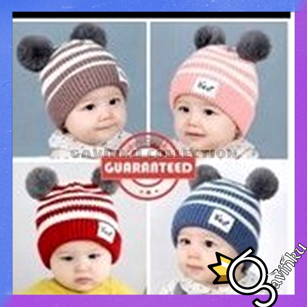 Topi Kupluk Bayi Laki Laki Perempuan Baru Lahir Bear Belang Newborn Model Pom Pom Jambul Rajut Lucu Murah Umur 0 1 2 3 4 5 6 7 8 9 10 11 12 Bulan 1 Tahun Thn Ears Cap